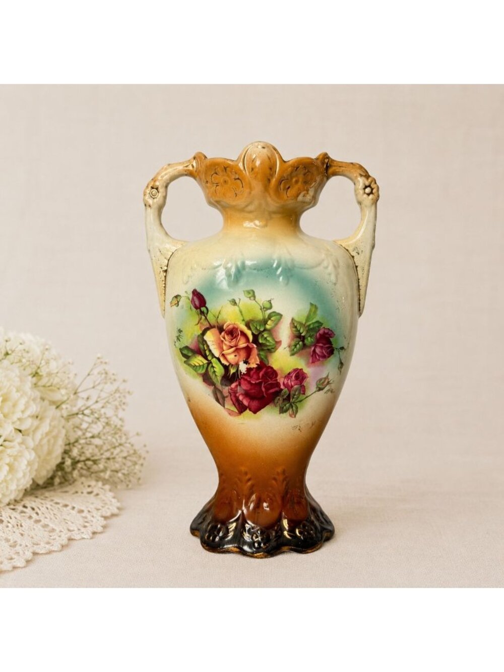 Antique Victorian Double Handled Urn Vase Roses Blue Gold Porcelain Edwardian